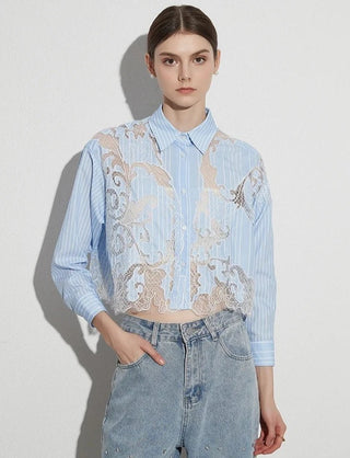 Colorblock Patchwork Lace Slim Crop Blouses - Diva Melody