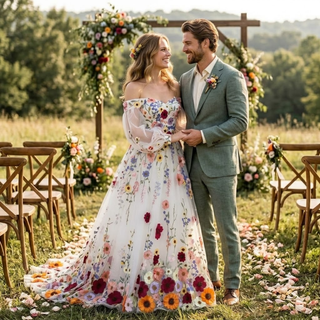 Colorful 3D Floral Detachable Sleeve Wedding Dress - Diva Melody