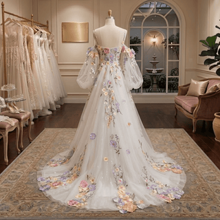 Colorful 3D Floral Detachable Sleeve Wedding Dress - Diva Melody
