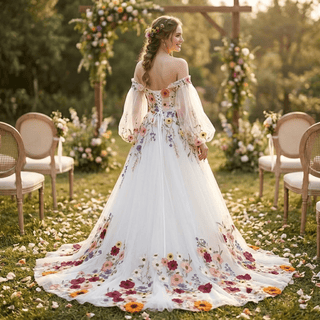 Colorful 3D Floral Detachable Sleeve Wedding Dress - Diva Melody
