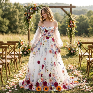 Colorful 3D Floral Detachable Sleeve Wedding Dress - Diva Melody