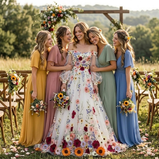 Colorful 3D Floral Detachable Sleeve Wedding Dress - Diva Melody