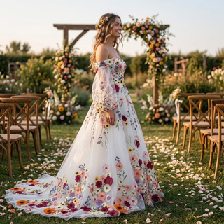 Colorful 3D Floral Detachable Sleeve Wedding Dress - Diva Melody