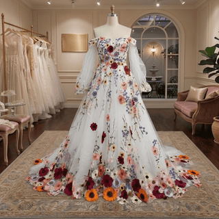 Colorful 3D Floral Detachable Sleeve Wedding Dress - Diva Melody