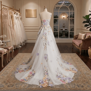 Colorful 3D Floral Detachable Sleeve Wedding Dress - Diva Melody