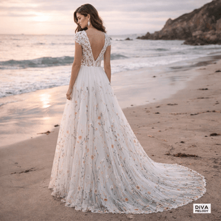 Colorful Embroidered A - Line Wedding Dress - Diva Melody