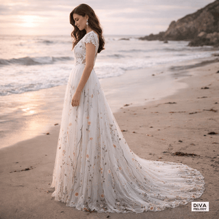 Colorful Embroidered A - Line Wedding Dress - Diva Melody