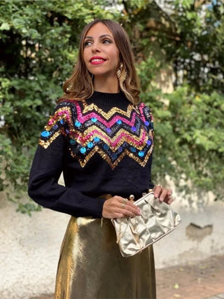 Colorful Sequins Long Sleeve Knitted Sweater - Diva Melody