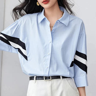 Contrast Color Striped Casual Blouse - Diva Melody