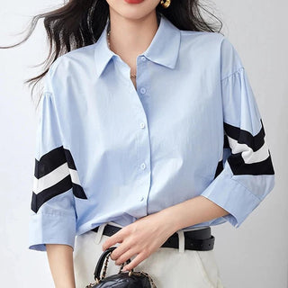 Contrast Color Striped Casual Blouse - Diva Melody