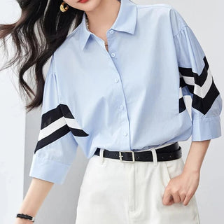 Contrast Color Striped Casual Blouse - Diva Melody