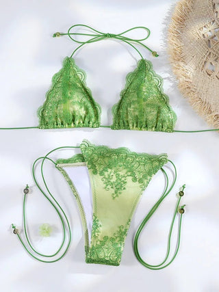 Contrast Lace Triangle String Bikini Set - Diva Melody
