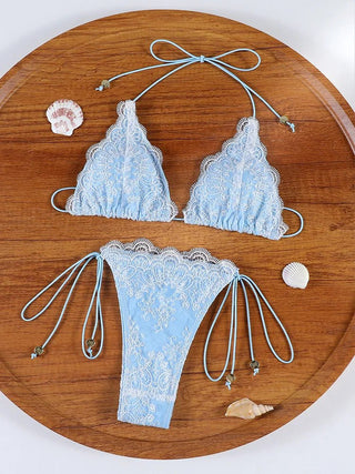 Contrast Lace Triangle String Bikini Set - Diva Melody