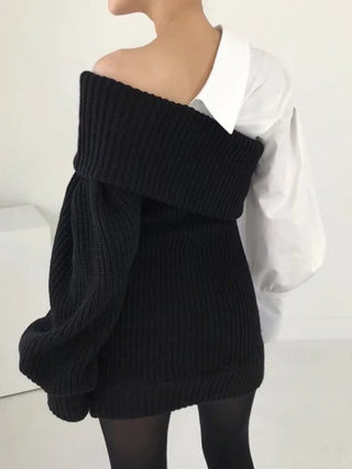 Contrast Shirt Lantern Sleeve Pullovers Sweater - Diva Melody