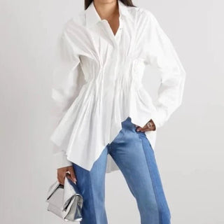 Covered Button Fish Tail Hem Blouse - Diva Melody