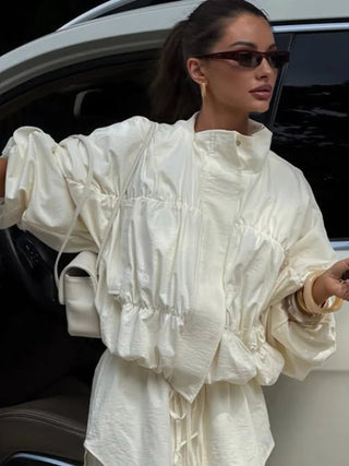 Cream Oversized Gathered Sleeve Windbreaker Jacket - Diva Melody