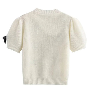 Cropped Sweater with Bow Detail and Round Neck - Diva Melody