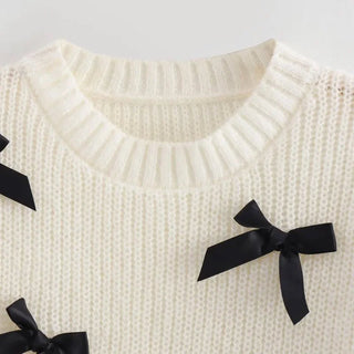 Cropped Sweater with Bow Detail and Round Neck - Diva Melody