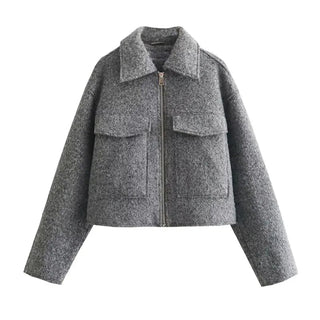 Cropped Tweed Jacket with Turn - Down Collar - Diva Melody