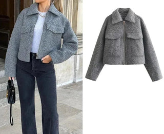 Cropped Tweed Jacket with Turn - Down Collar - Diva Melody