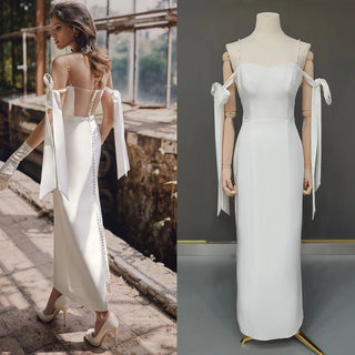 Customized Spaghetti Strap Satin Sheath Wedding Dress - Diva Melody