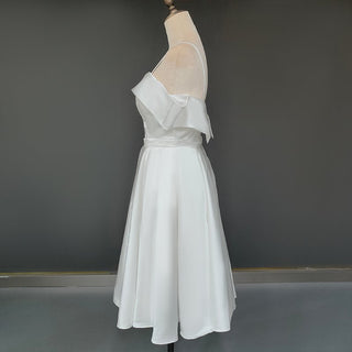 Customized Tea - Length Satin Off - Shoulder Ivory Wedding Dress - Diva Melody