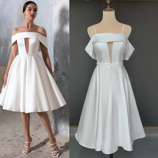 Customized Tea - Length Satin Off - Shoulder Ivory Wedding Dress - Diva Melody