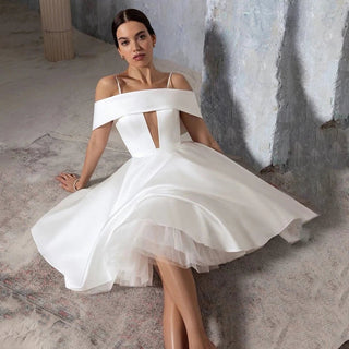 Customized Tea - Length Satin Off - Shoulder Ivory Wedding Dress - Diva Melody