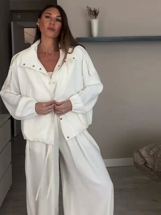 Cut Out Snap Button Jacket and Wide Leg Pant Set - Diva Melody