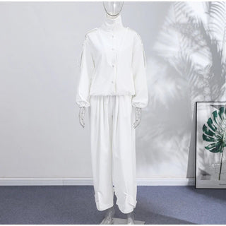 Cut Out Snap Button Jacket and Wide Leg Pant Set - Diva Melody