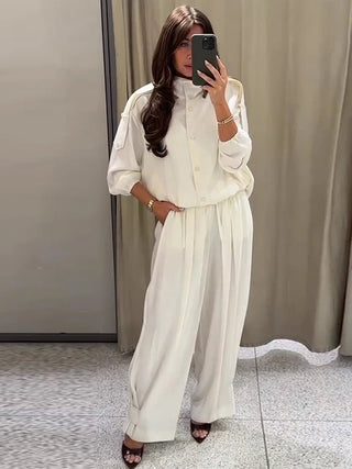 Cut Out Snap Button Jacket and Wide Leg Pant Set - Diva Melody