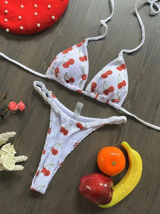 Cute Cherry Print Brazilian Thong Bikini Set Sexy Thong Swimsuit - Diva Melody