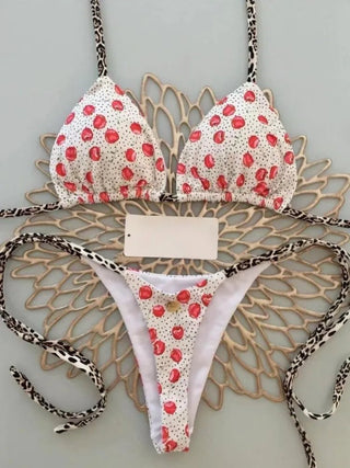 Cute Cherry Print Brazilian Thong Bikini Set Sexy Thong Swimsuit - Diva Melody