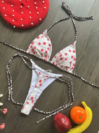 Cute Cherry Print Brazilian Thong Bikini Set Sexy Thong Swimsuit - Diva Melody