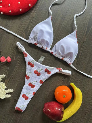 Cute Cherry Print Brazilian Thong Bikini Set Sexy Thong Swimsuit - Diva Melody