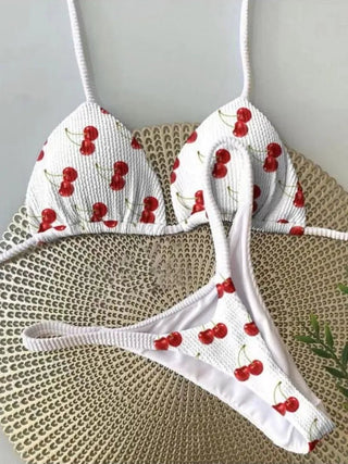 Cute Cherry Print Brazilian Thong Bikini Set Sexy Thong Swimsuit - Diva Melody