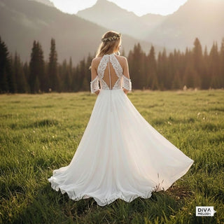 Cutout Lace Halter A - Line Wedding Dress - Diva Melody