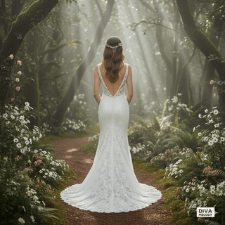 Deep V Backless Lace Wedding Dress - Diva Melody