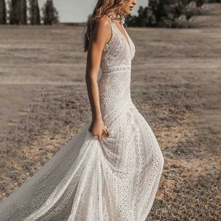 Deep V - Neck Boho Lace Gown - Diva Melody