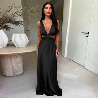 Deep V - Neck Hollow Out Maxi Dress - Diva Melody