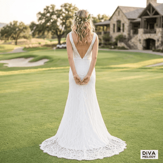 Deep V - Neck Lace Mermaid Wedding Dress - Diva Melody
