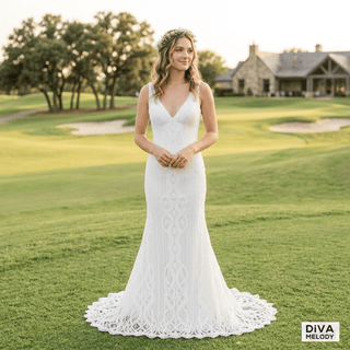 Deep V - Neck Lace Mermaid Wedding Dress - Diva Melody