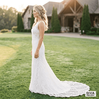 Deep V - Neck Lace Mermaid Wedding Dress - Diva Melody