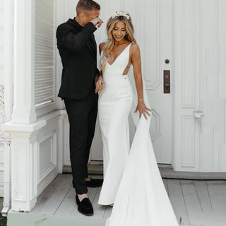 Deep V - Neck Sheath Wedding Dress with Detachable Shoulder Wings - Diva Melody