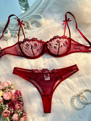 Delicate Floral Embroidered Mesh Balconette Lingerie Set - Diva Melody