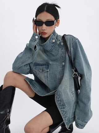 Denim Coat Turtleneck Patchwork Versatile Jacket - Diva Melody