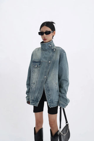 Denim Coat Turtleneck Patchwork Versatile Jacket - Diva Melody