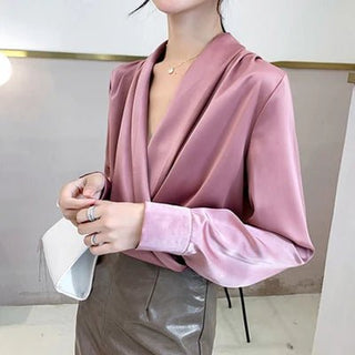 Drape Satin V neck Office Look Blouses - Diva Melody