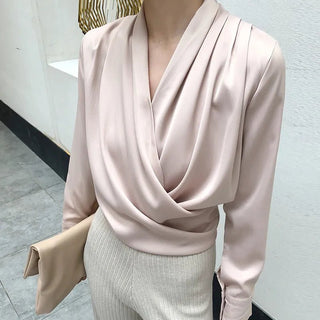 Drape Satin V neck Office Look Blouses - Diva Melody