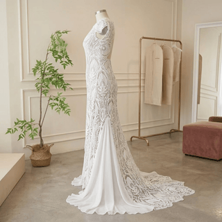 Dreamy Boho V-Neck Lace Wedding Dress - Diva Melody